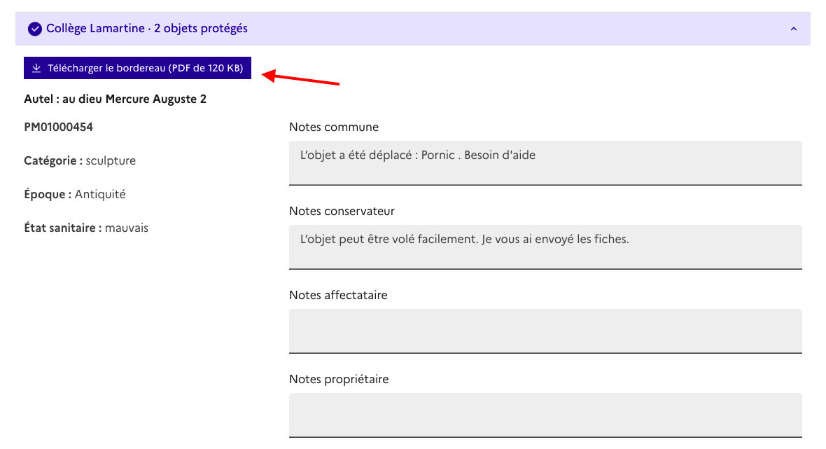 Télécharger le bordereau de récolement