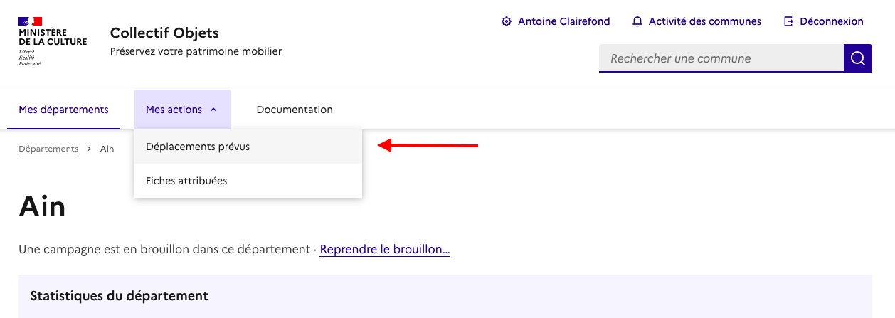 Capture écran de la page Mes actions